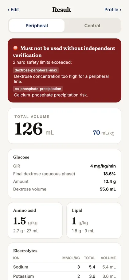 TPN Calculator — result screen with safety warnings